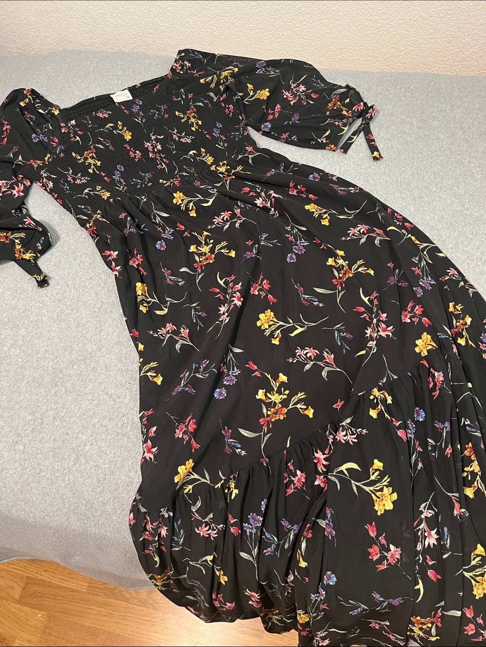 Siren Lily Black Dark Floral Maxi Dress Large Cottagecore Smocked Garden Balloon